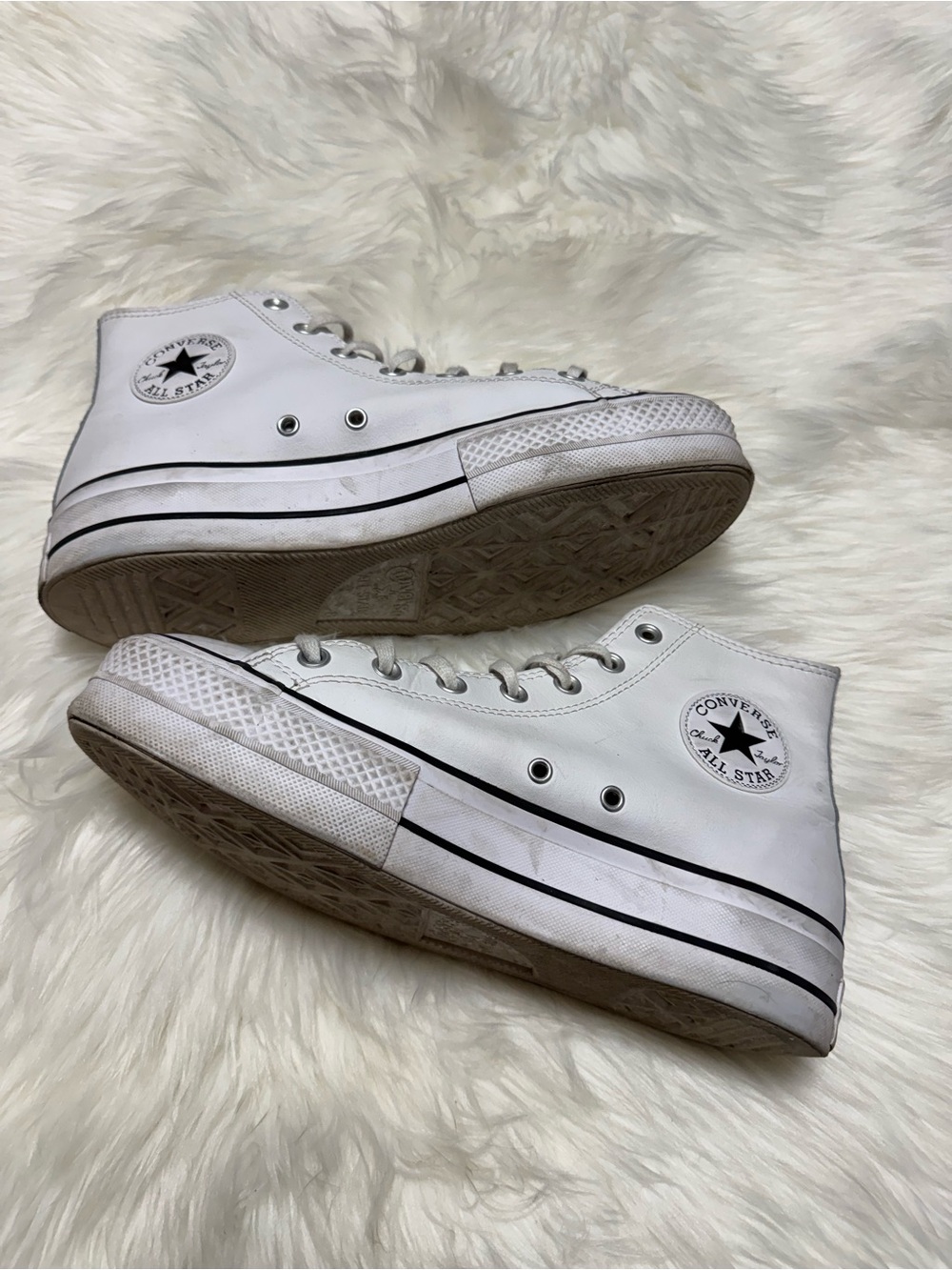 White Leather Platform Converse Trainers US Size 10 EU 41.5 Hi Tops All Stars